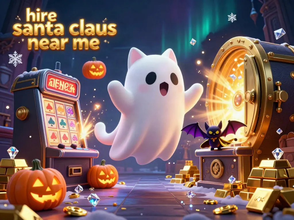 Engage with festive fun by celebrating hire santa claus near me in a haunted casino scene.