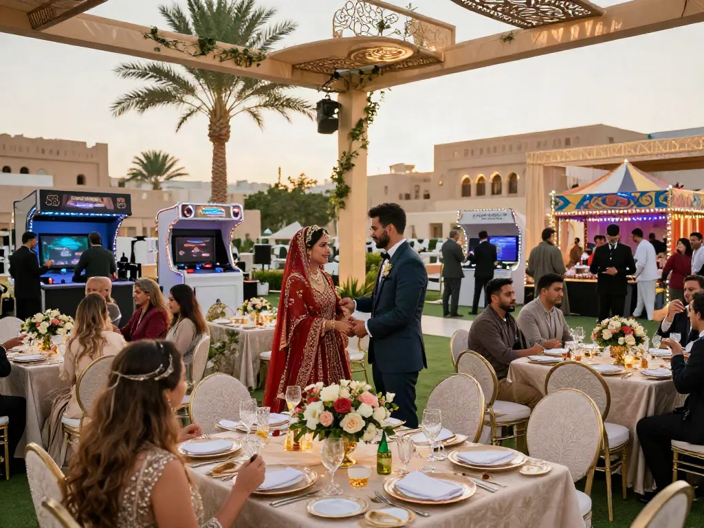 Event rental KSA scene featuring a luxurious outdoor wedding setup with elegant decor and entertainment.
