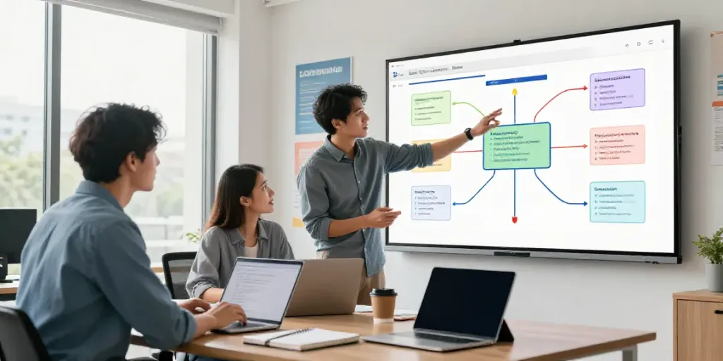 Collaboration in a modern office on AI powered content creation strategies with digital tools and vibrant flowcharts.