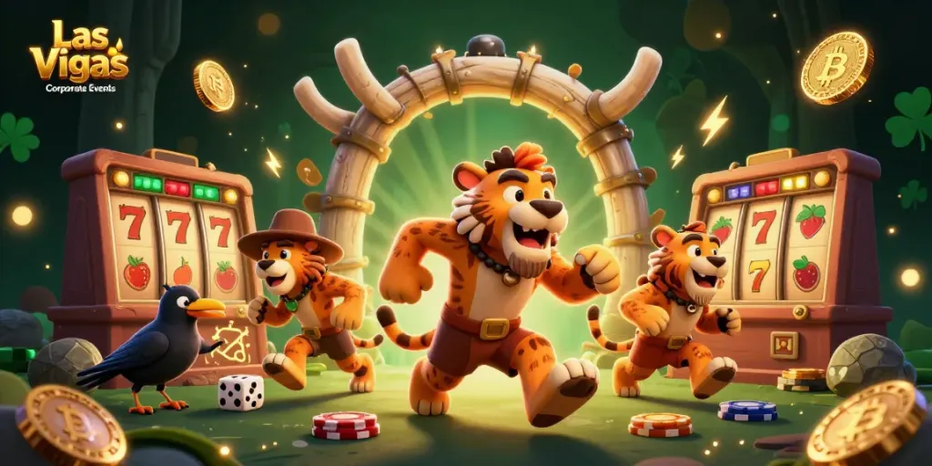 Engage in Las Vegas Corporate Events with exciting slot reels and casino characters in a vibrant 3D illustration.