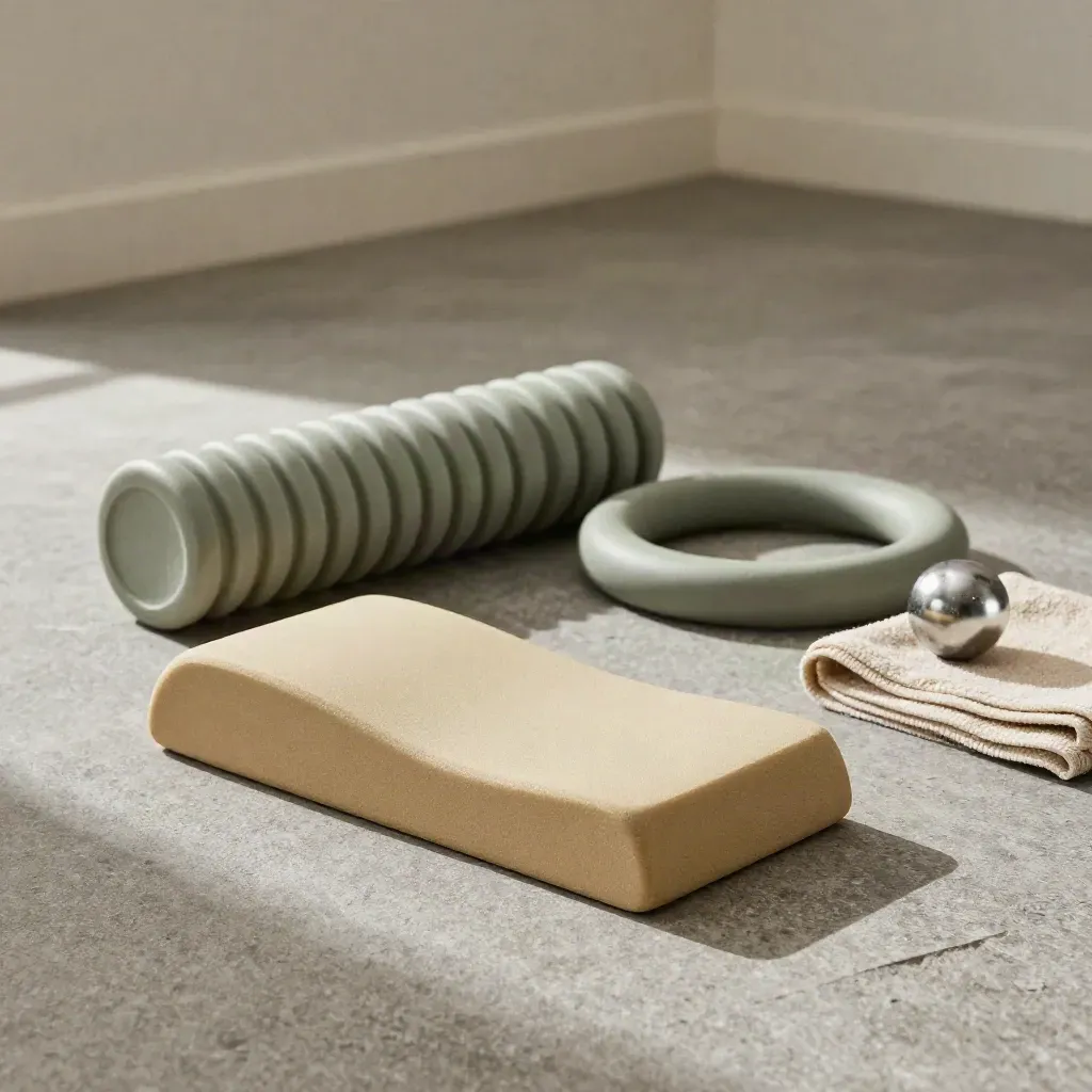 Floor-level rehab tools staged for sciatica relief on a stone clinic floor.