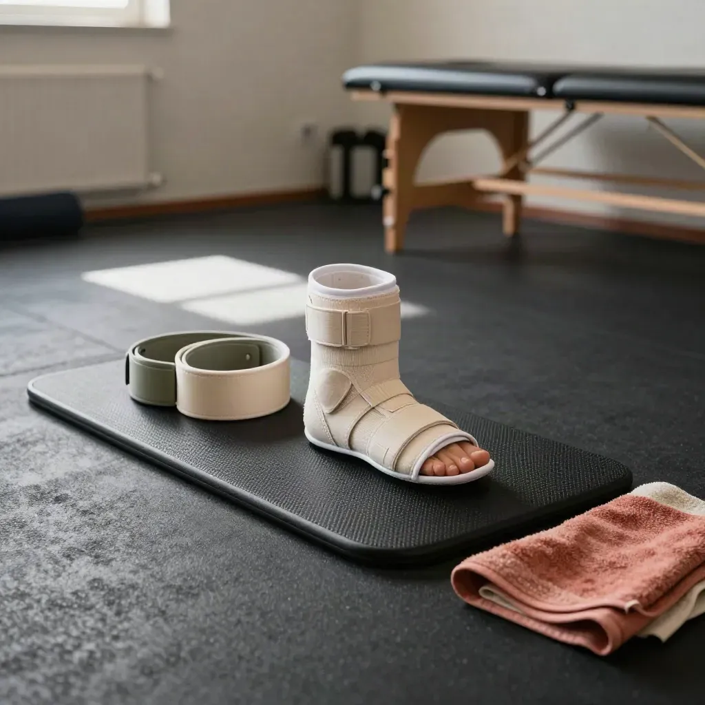 Rehab balance pad with loop bands, ankle brace and towel on rubber flooring in a studio corner.