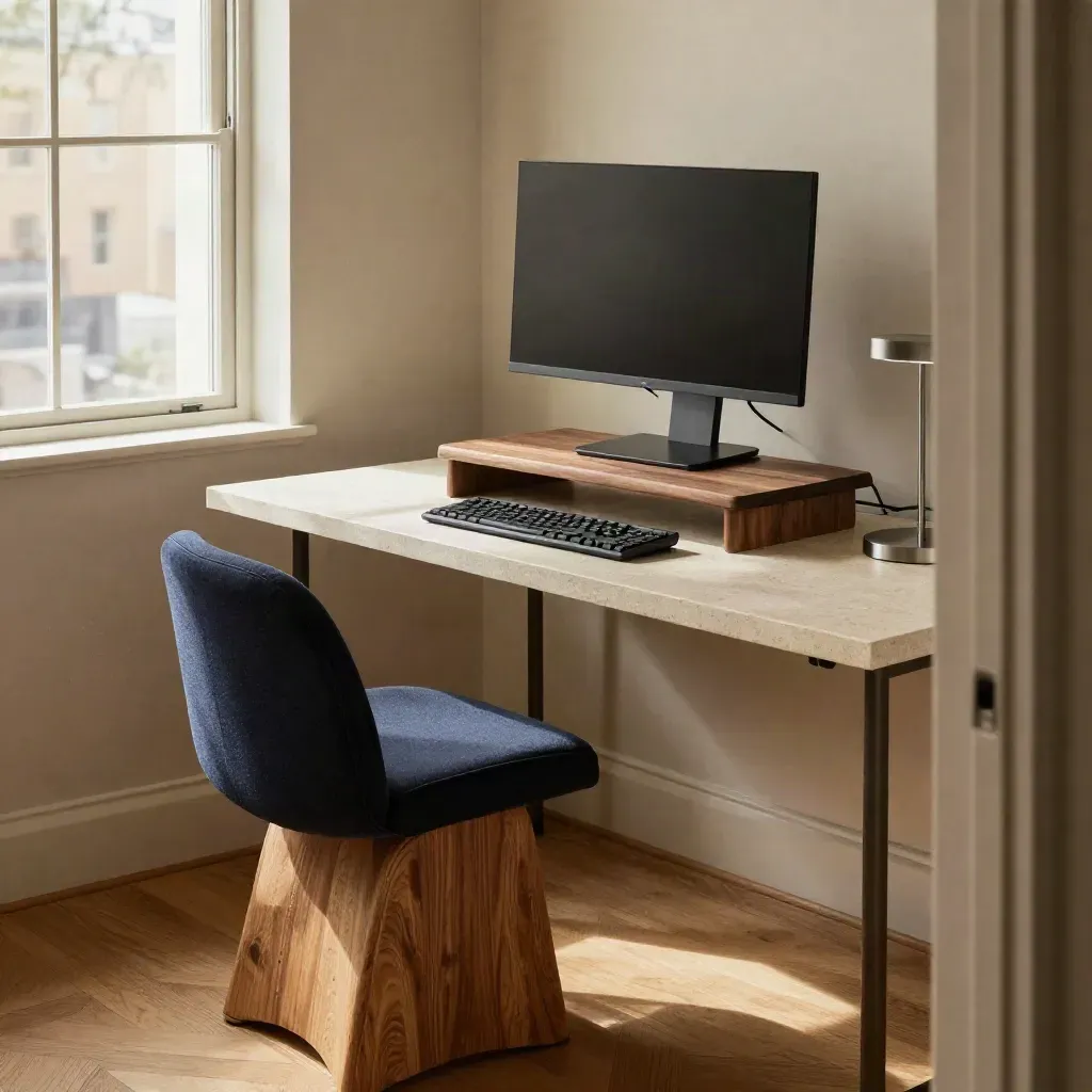 Empty ergonomic clinic desk setup with monitor stand, lumbar cushion, footrest, and keyboard tray.