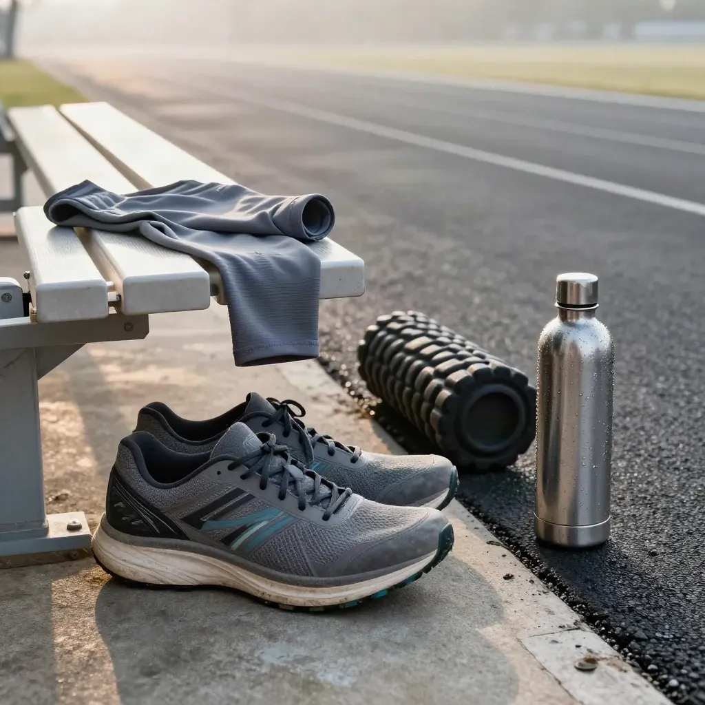 Track-side recovery bench with running shoes, foam roller, sleeve and bottle at sunrise