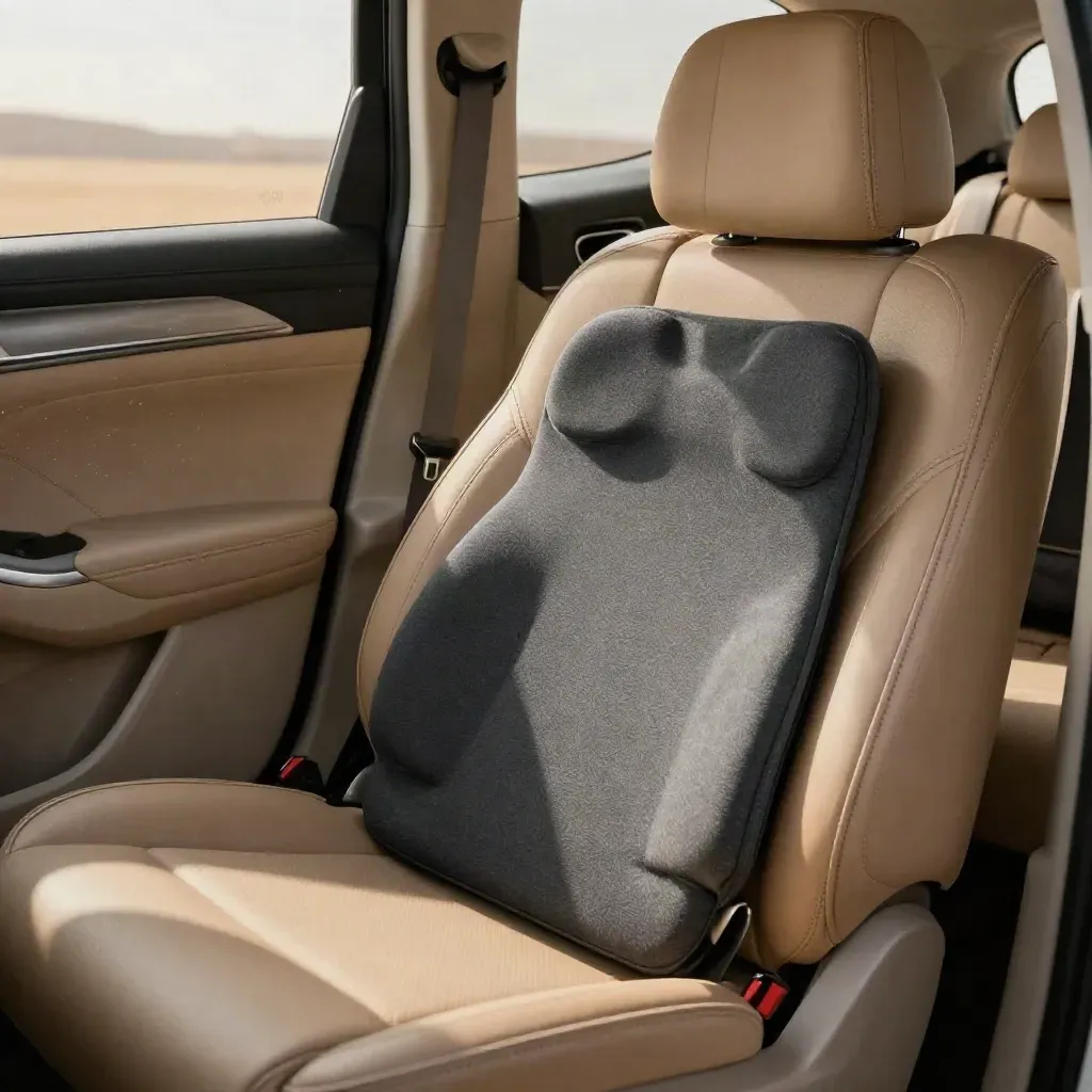 SUV front seat with lumbar cushion, wedge, and rolled towel in warm sunlight