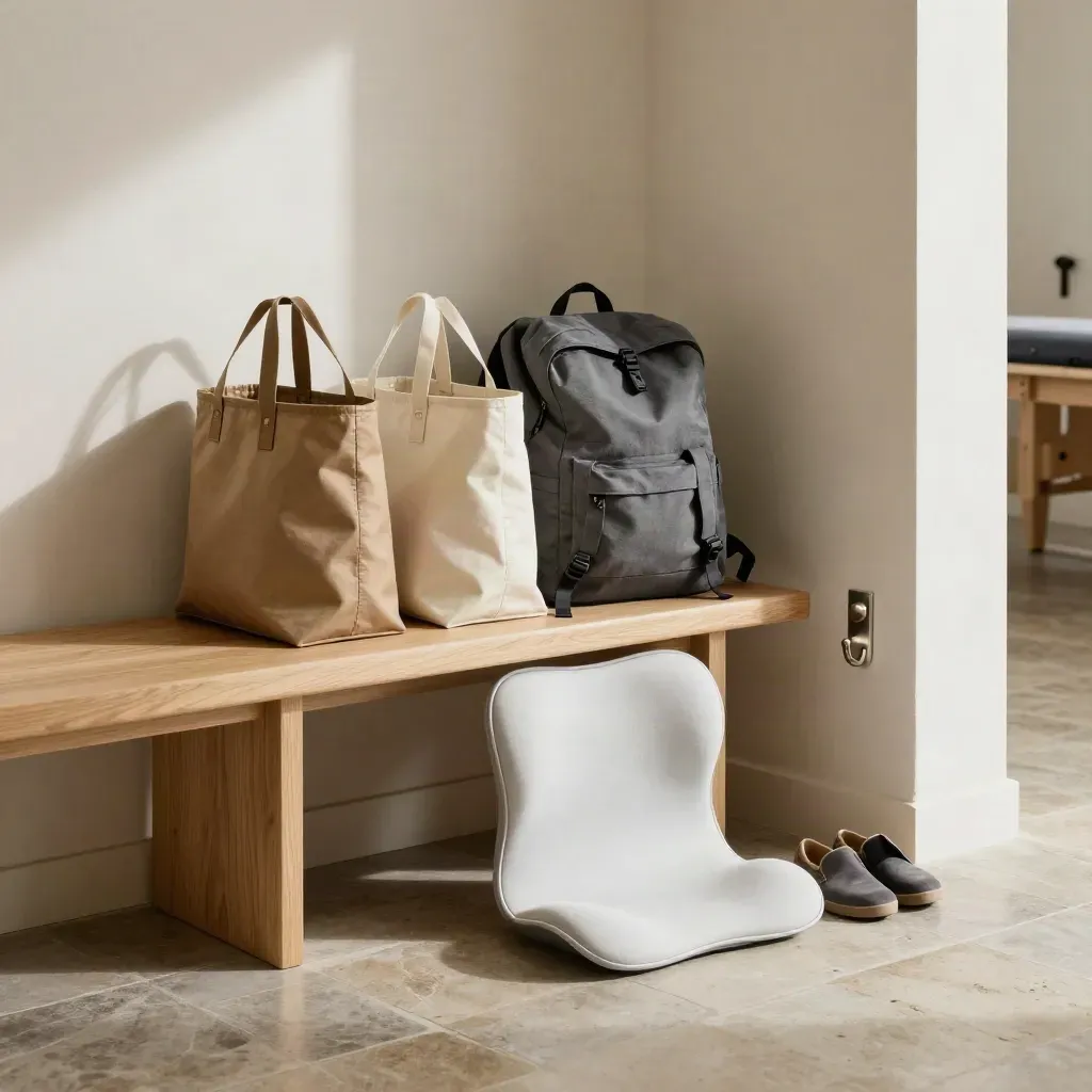 Entry bench with grocery totes, backpack, and lumbar cushion in a calm hallway