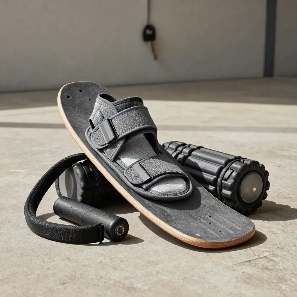 Athletic rehab tools clustered on a concrete surface in dramatic studio light.