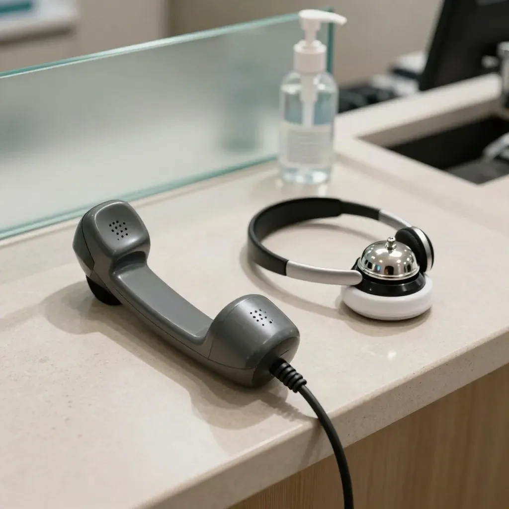 Overhead clinic counter with handset, headset cradle, and service bell on stone