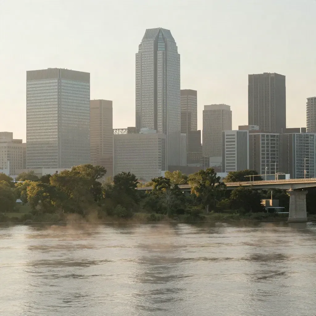 Rosslyn skyline over the Potomac at sunset with bridge lines, haze, and calm water